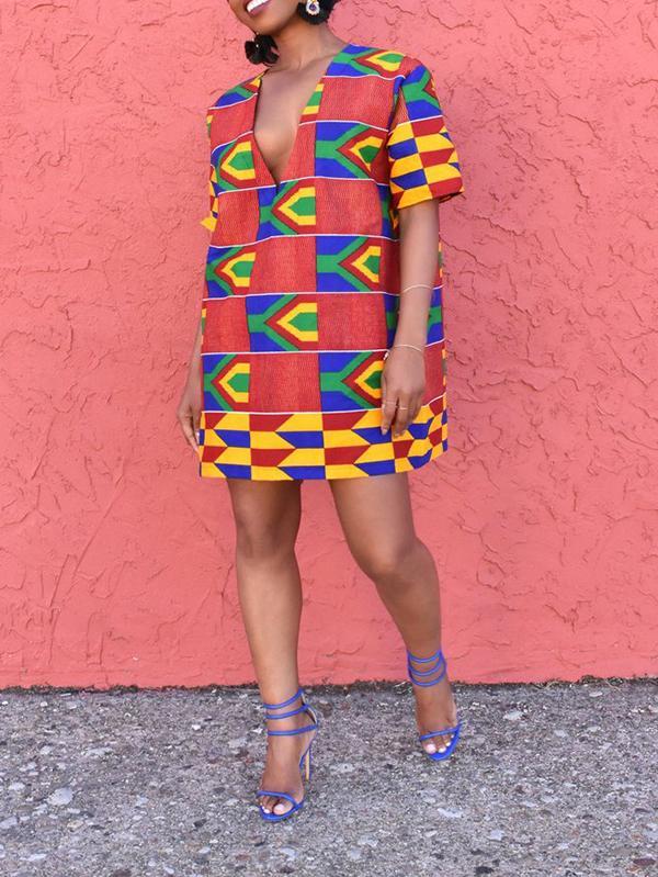 Ethnic Printed V-neck Short Dress