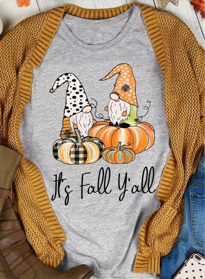 Women's Thanksgiving Fall Plaid Pumpkin Gnomies Print T-shirt
