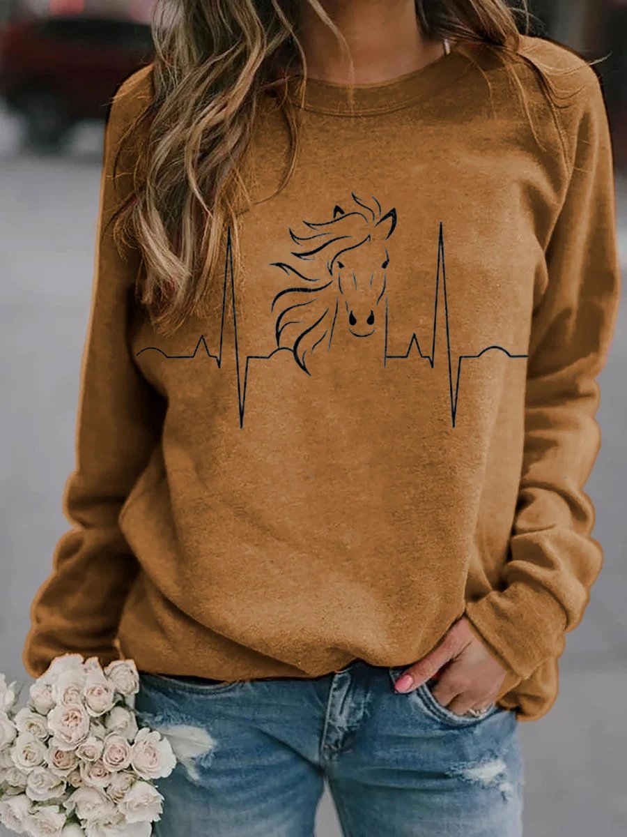 Horse Heartbeat Print Long Sleeve Sweatshirt