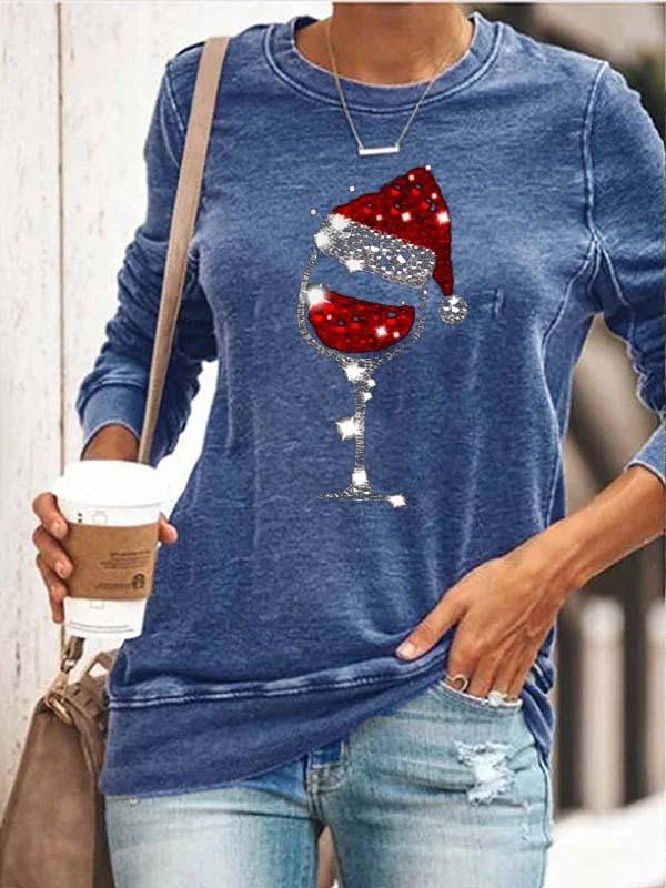 Women's Christmas Wine Glass Print Sweatshirt