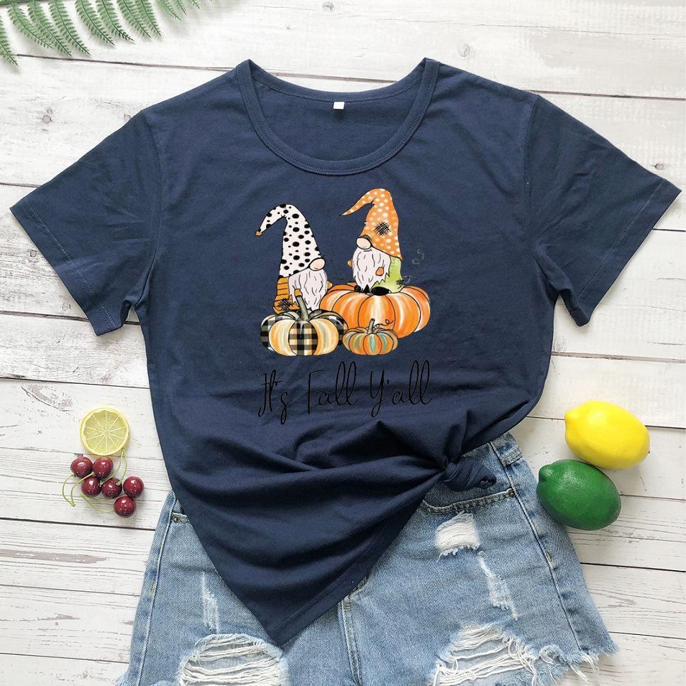 Women's Thanksgiving Fall Plaid Pumpkin Gnomies Print T-shirt
