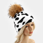 Load image into Gallery viewer, Cow leopard pattern knitted hat women autumn and winter outdoor warmth real hair ball knitted hat tide
