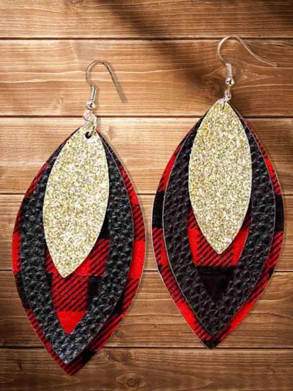 Plaid Sequined Three-Layered Leather Earrings