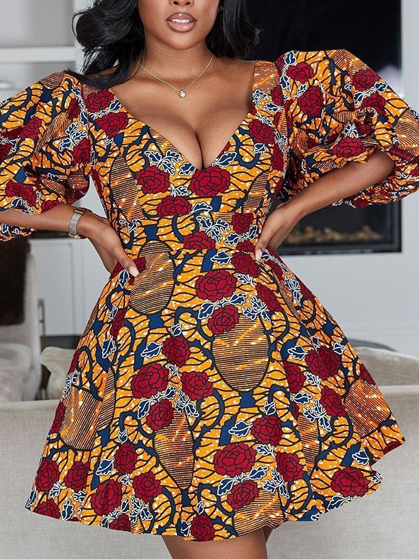 Fashion V-neck Lantern Sleeve Dress