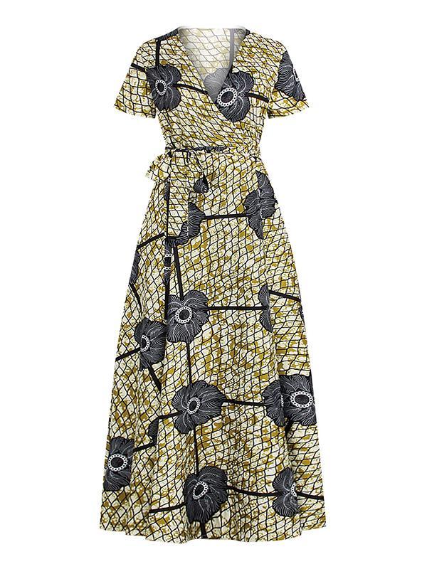 Ethnic Print V-neck Short Sleeve Dress