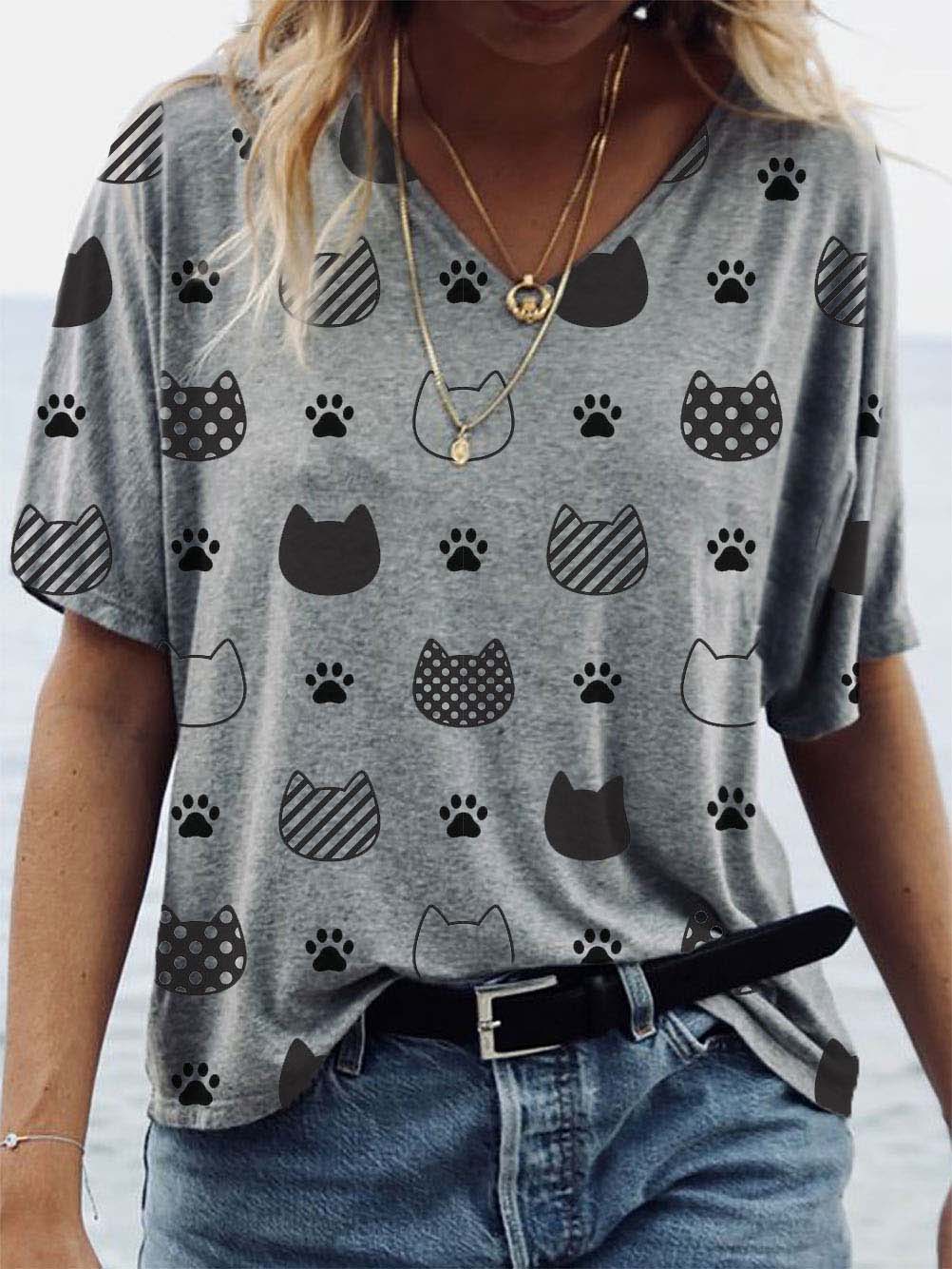 Ladies Pet Cat Paw Print Casual V-Neck T-Shirt