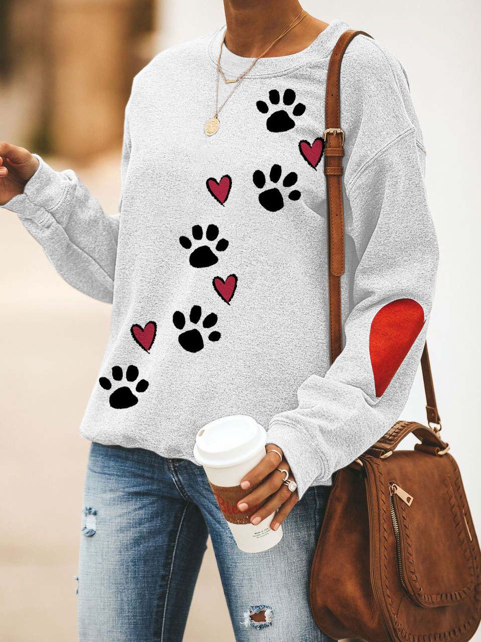 Women's casual round neck dog paw print sweater