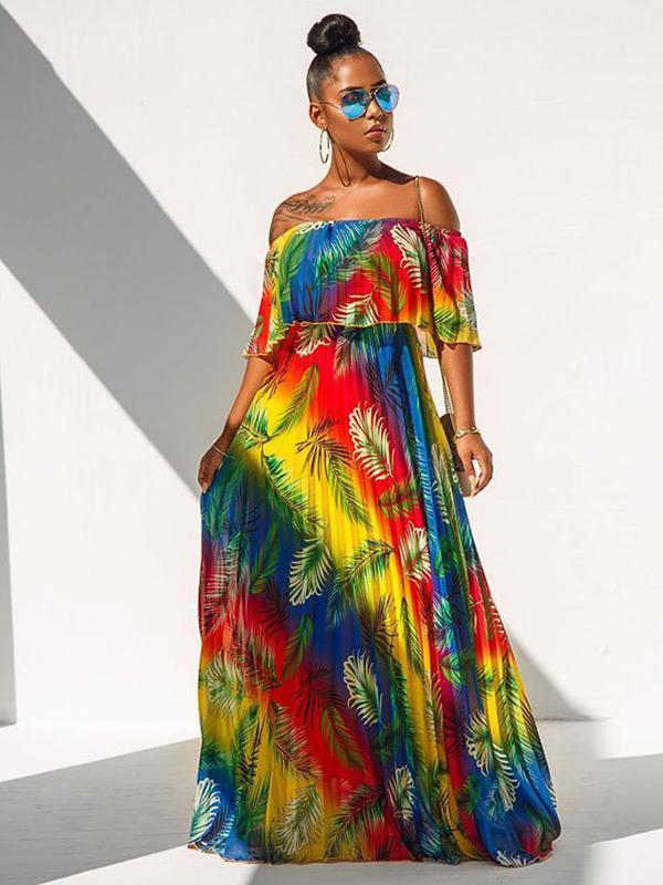 Colorful Gadient Word Shoulder Pleated Dress