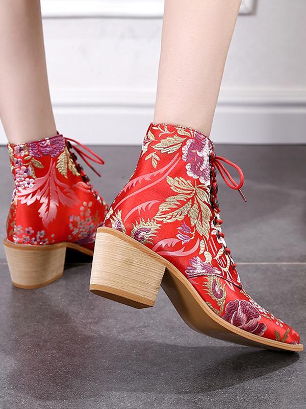 Ladies Embroidered Print Block Heel Shoes