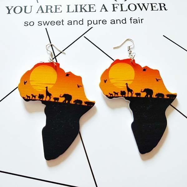 Patterned geometric map wooden earrings