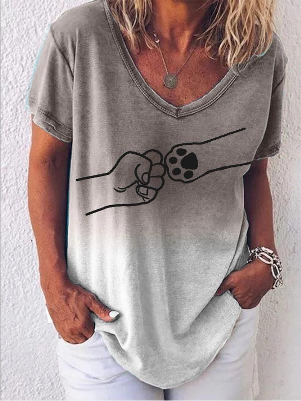 Ladies fist and dog paw print gradient V-neck T-shirt
