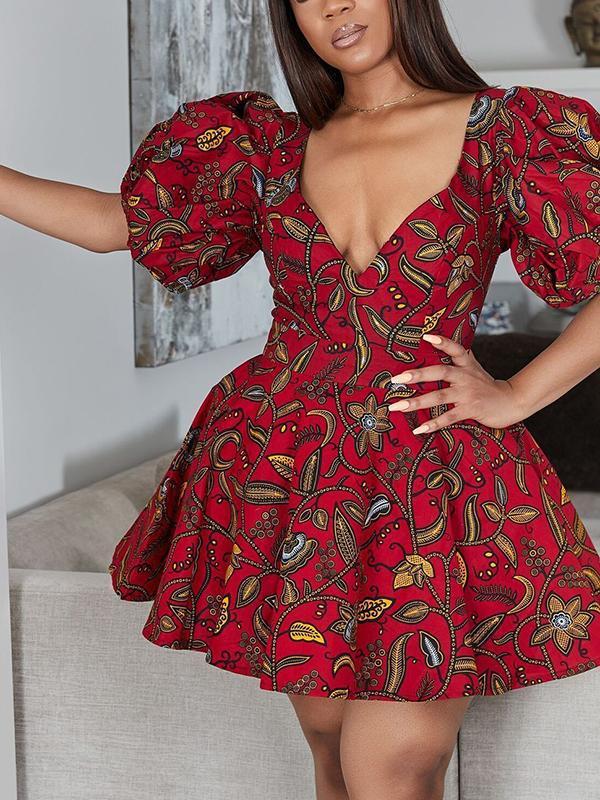 Fashion V-neck Lantern Sleeve Dress