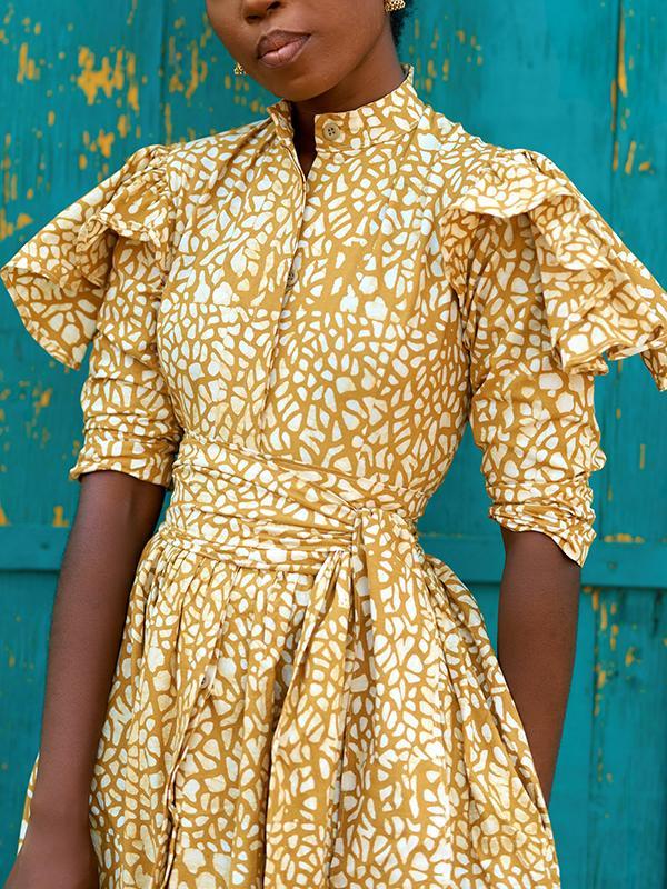 Ethnic print slim irregular pleated dress