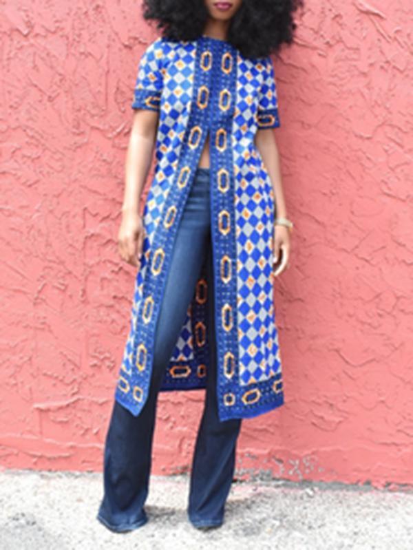 Ethnic Printed Short-sleeved Split Top