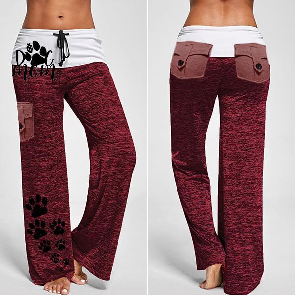 Women's Dog Mom's Paw Print Drawstring Pockets Stretch Wide Leg Yoga Pants