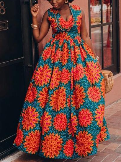 Ethnic print V-neck sleeveless maxi dress