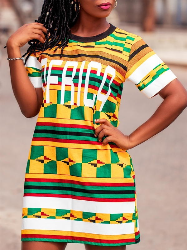 Ethnic print slim round neck short sleeve dress