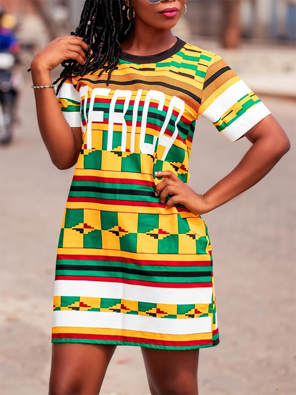 Ethnic print slim round neck short sleeve dress