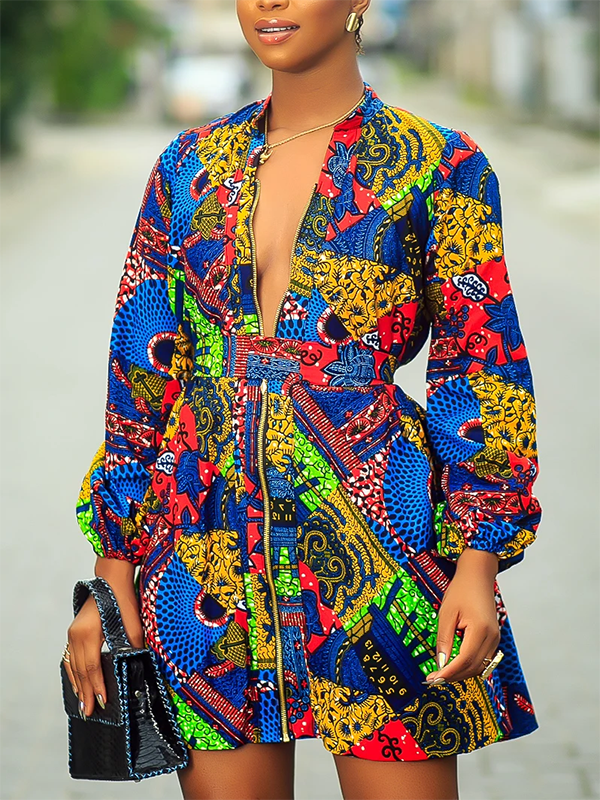 Ethnic print slim zipper long sleeve dress