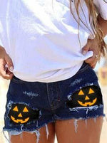 Load image into Gallery viewer, Women&#39;s Jack-O-Lantern Ripped Denim Shorts
