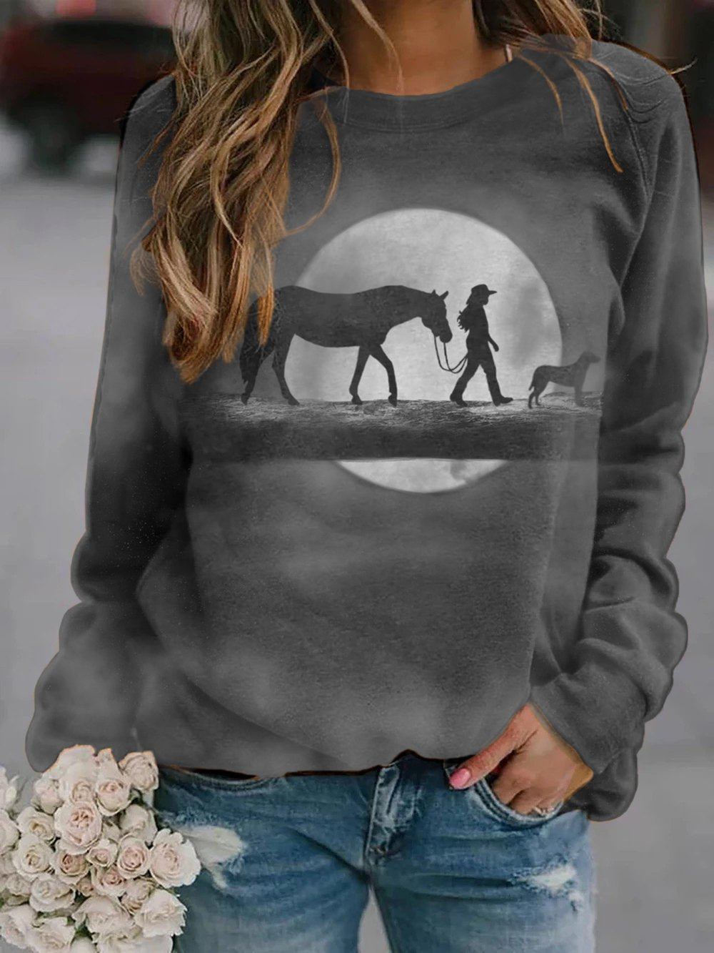 Moonlit Stroll Girl With Horse Long Sleeve Pullover