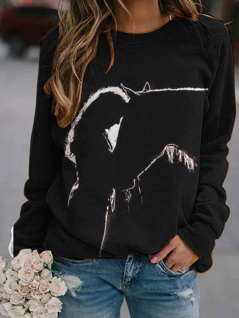 Horse printed crew neck casual sweatshirt