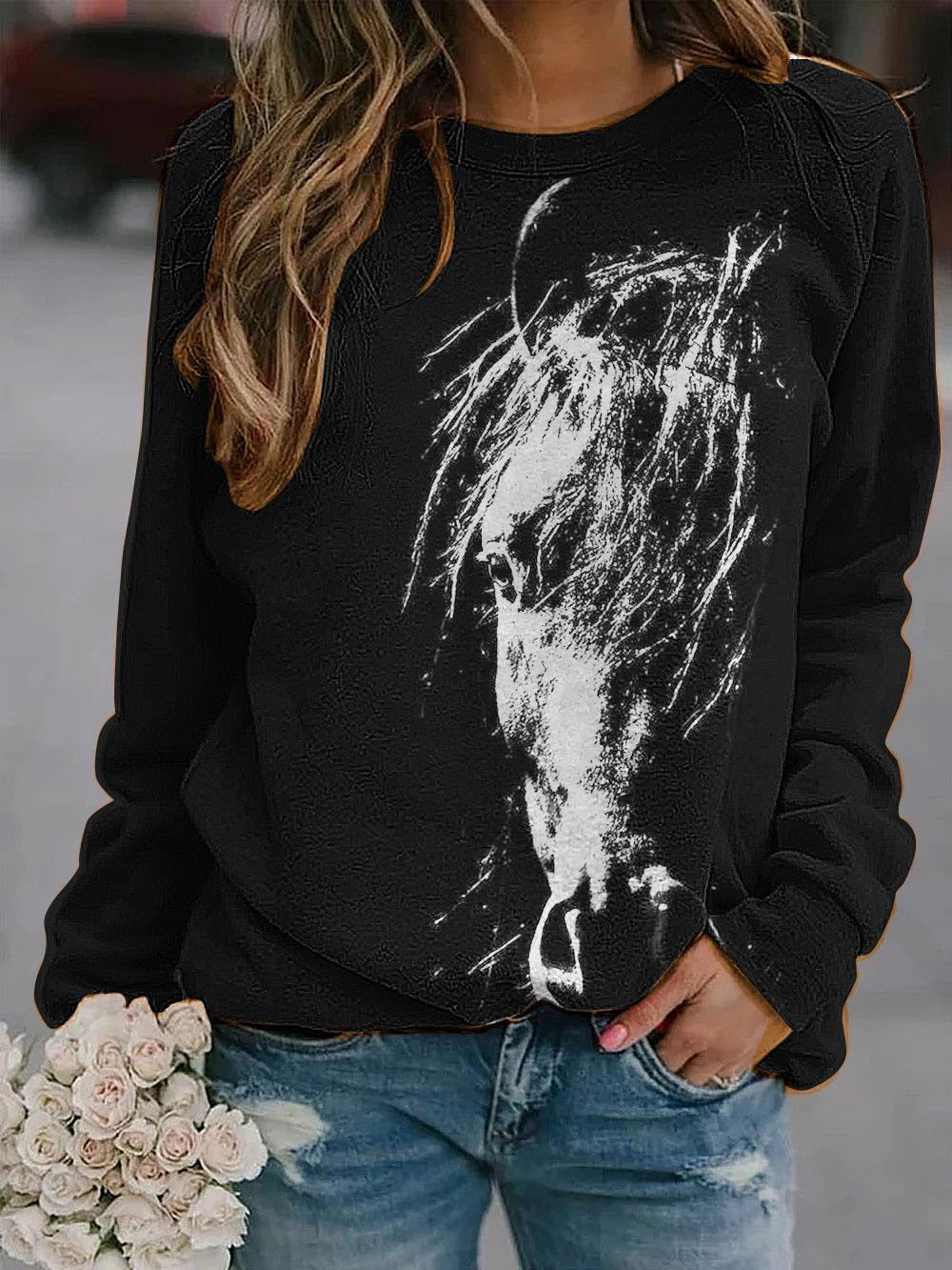 Horse printed crew neck casual sweatshirt