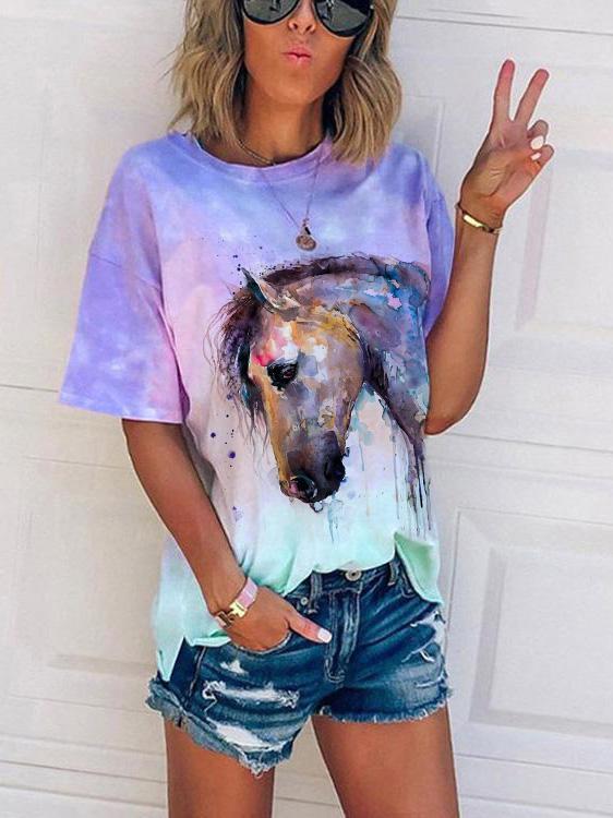 Ladies Horse Head Print Tie-dye T-shirt