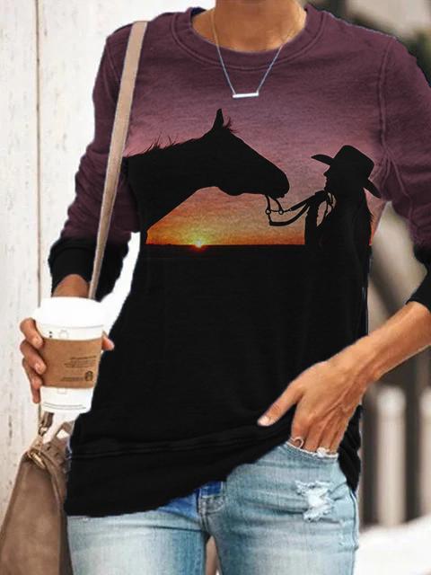 Ladies Horse Silhouette Pattern Printed Sweatshirt