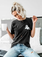 Load image into Gallery viewer, Cozy Ghosts Print Ripped T-shirt
