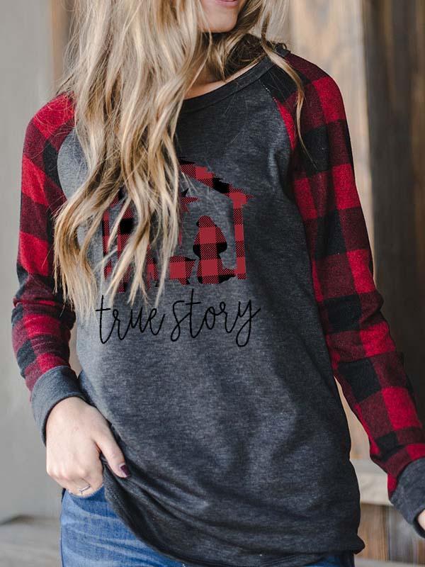 True Story Print Check Sleeve Top