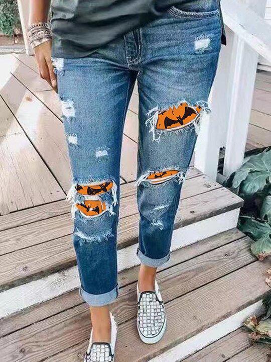 Halloween Bats Stitching Printed Casual Jeans