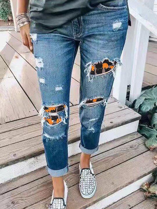 Halloween Cats pumpkin Stitching Printed Casual Jeans