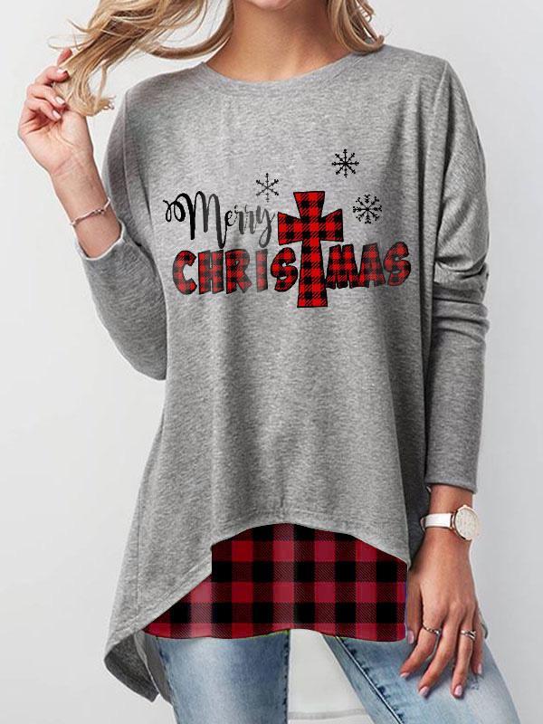 Ladies Red Plaid Merry Christmas Print Sweatshirt