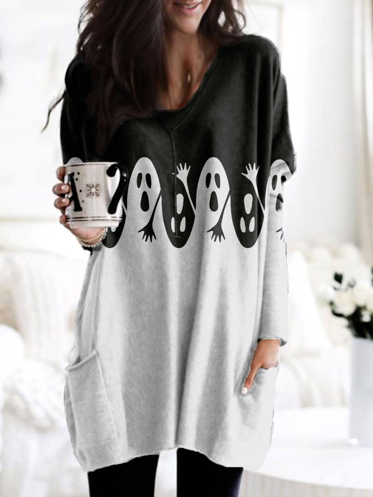 Creative Design Ghost Print Pocket Top