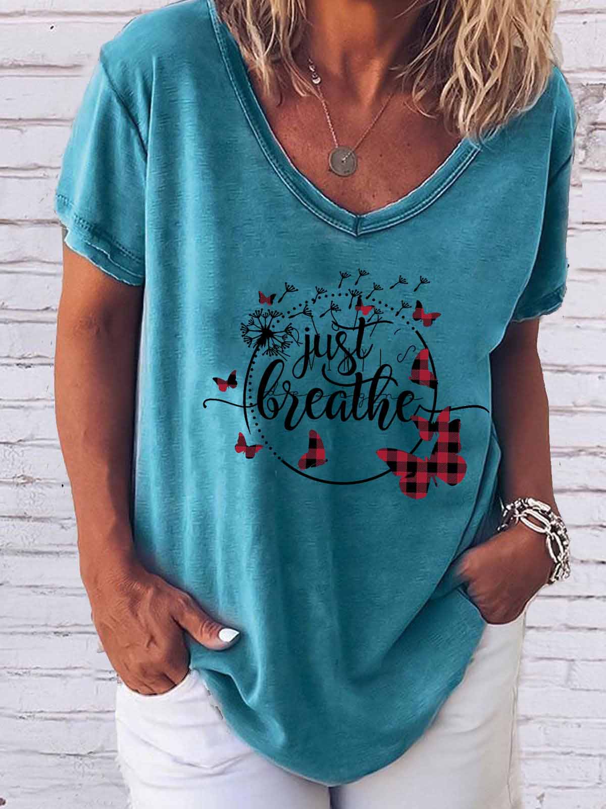 Women's Just Breathe Dandelion and Butterfly Print V-Neck Top