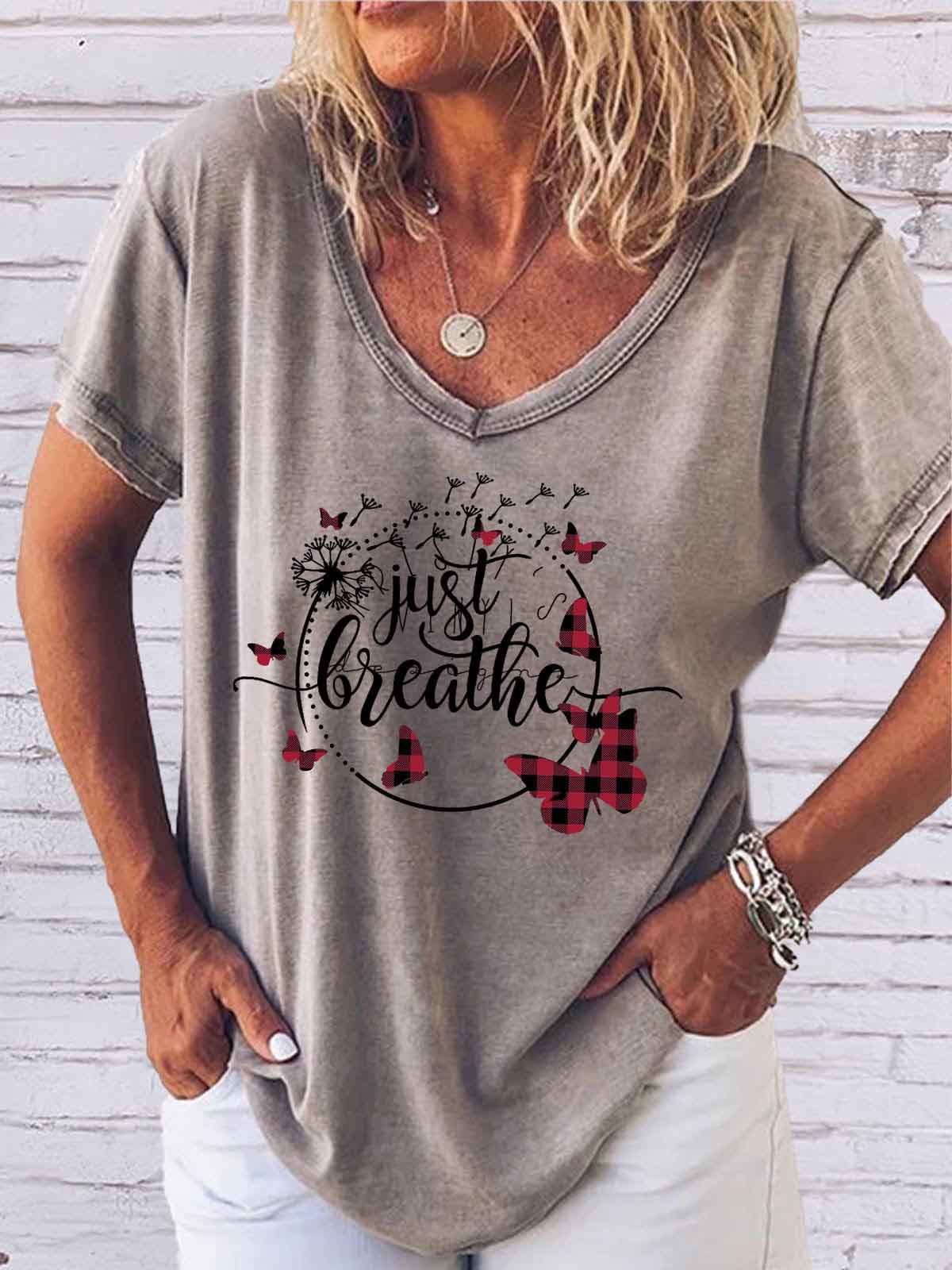 Women's Just Breathe Dandelion and Butterfly Print V-Neck Top