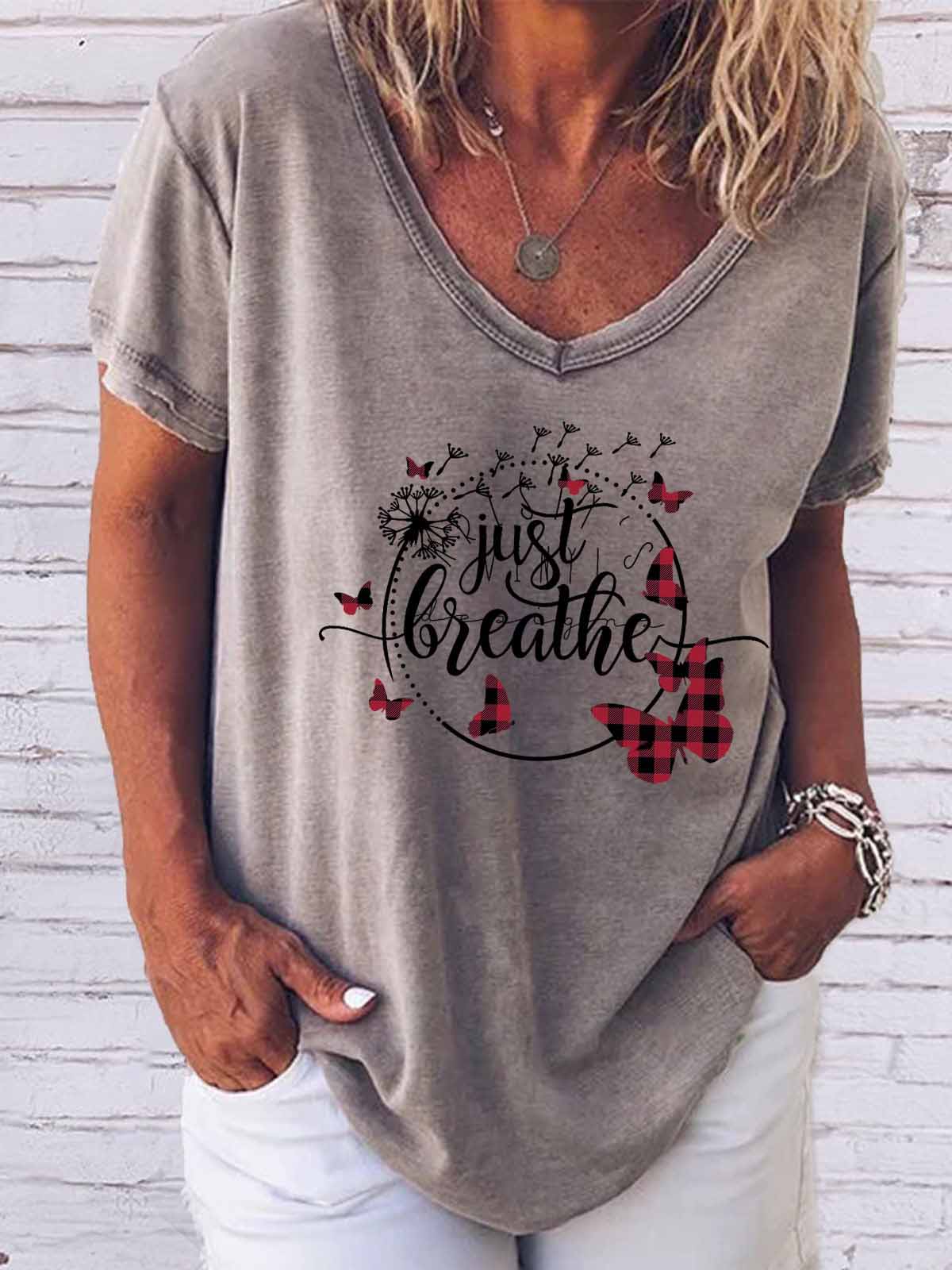 Women's Just Breathe Dandelion and Butterfly Print V-Neck Top