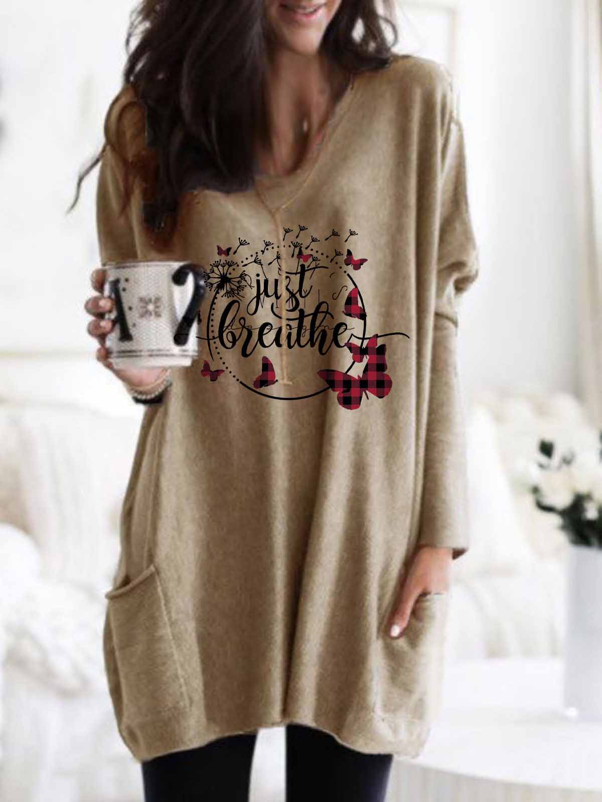 Women's Just Breathe Dandelion And Butterfly Print Long Top