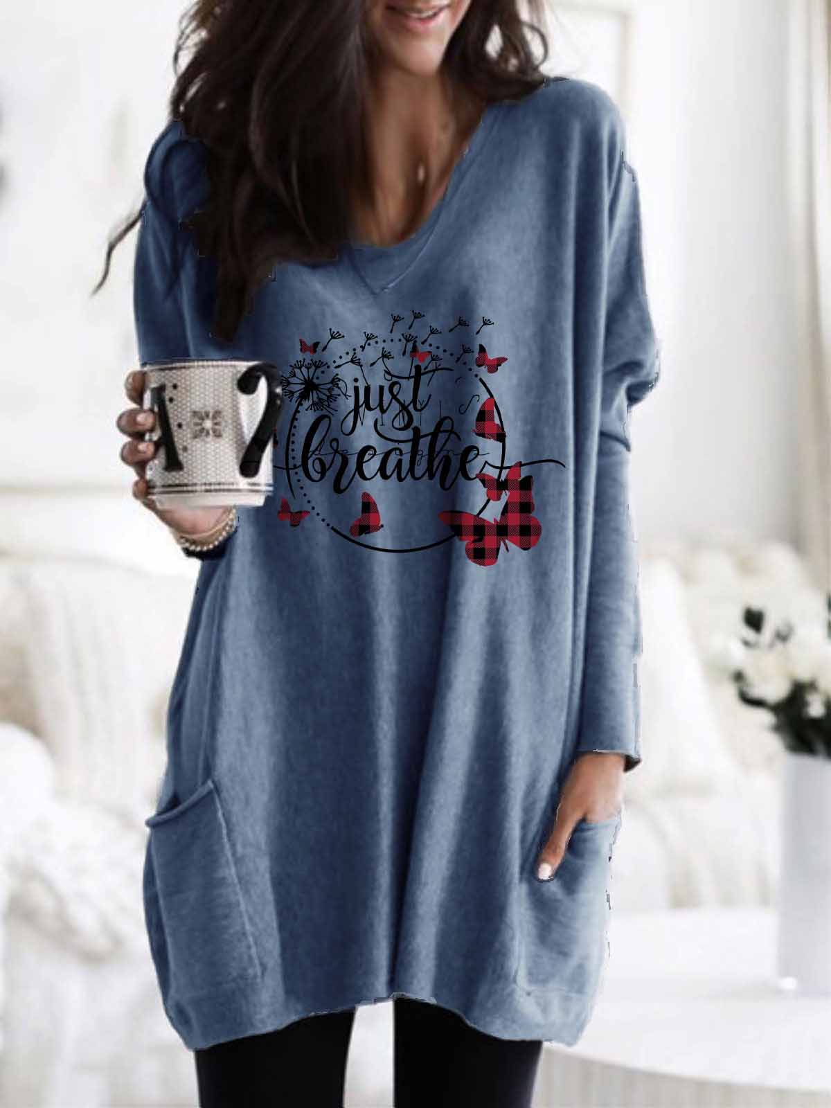 Women's Just Breathe Dandelion And Butterfly Print Long Top