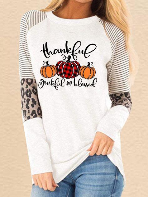 Women's Thanksful Grateful And Blessed Printed Leopard Stitching Casual Sweatshirt