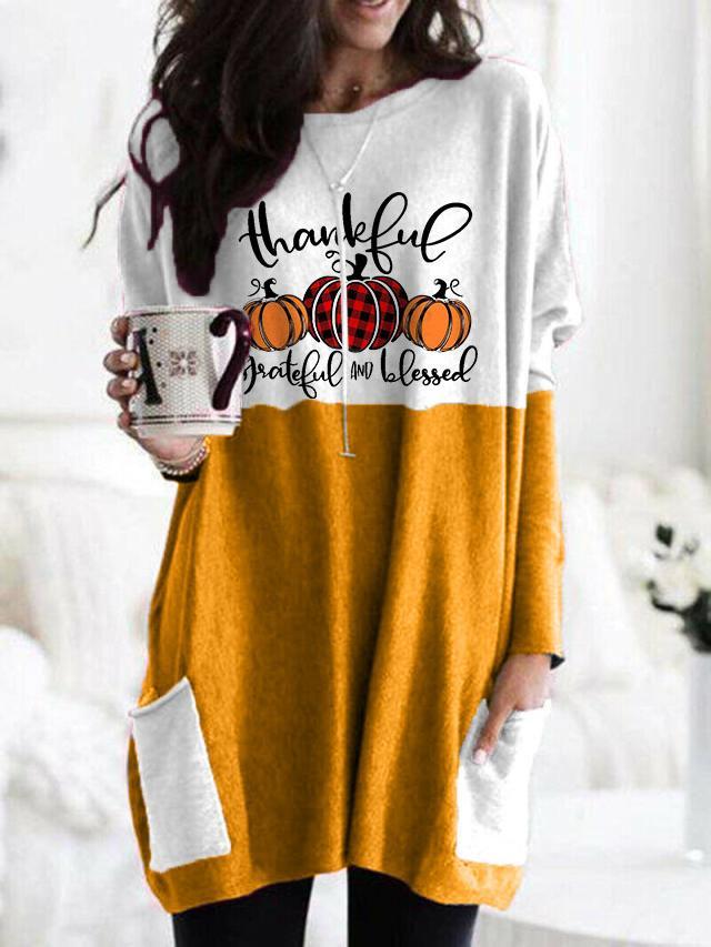 Women's Halloween Thanksgiving Thanksful Grateful And Blessed Print Contrast Stitching T-shirt