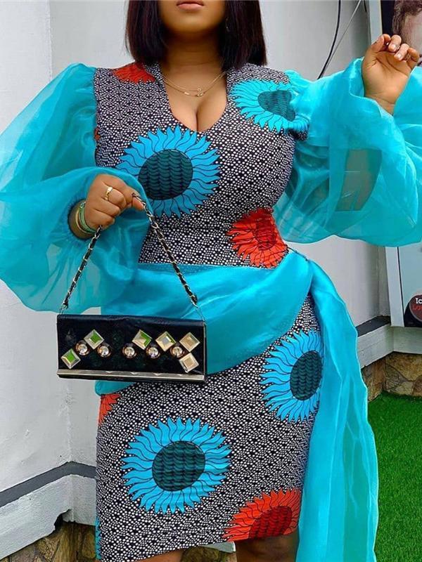 Women's see-through organza stitching high waist printed dress