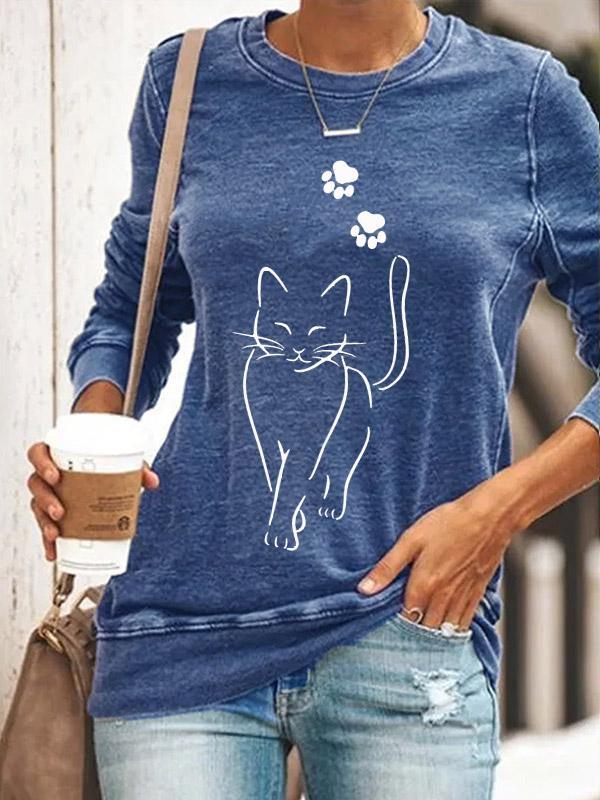 Ladies cat and paw print crew neck sweatshirt