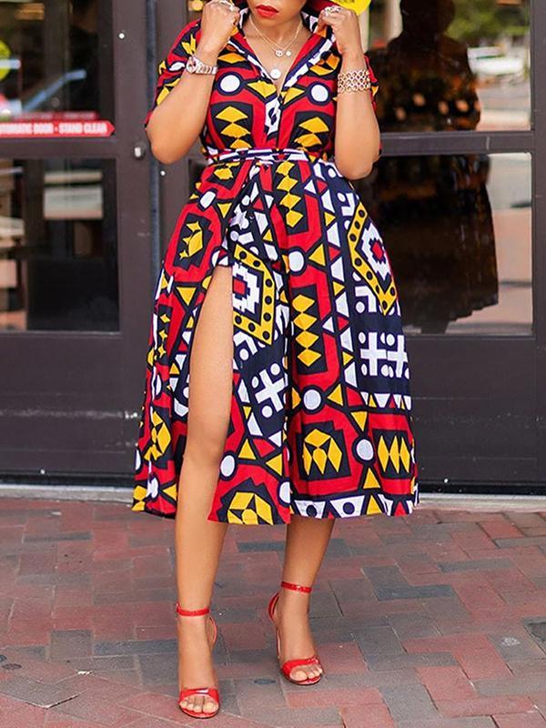 Loose long ethnic print short-sleeved side slit dress