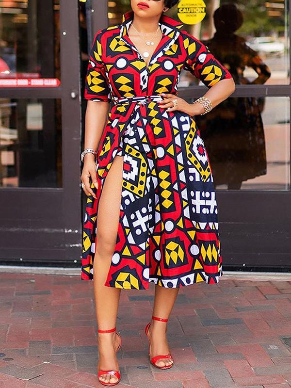 Loose long ethnic print short-sleeved side slit dress
