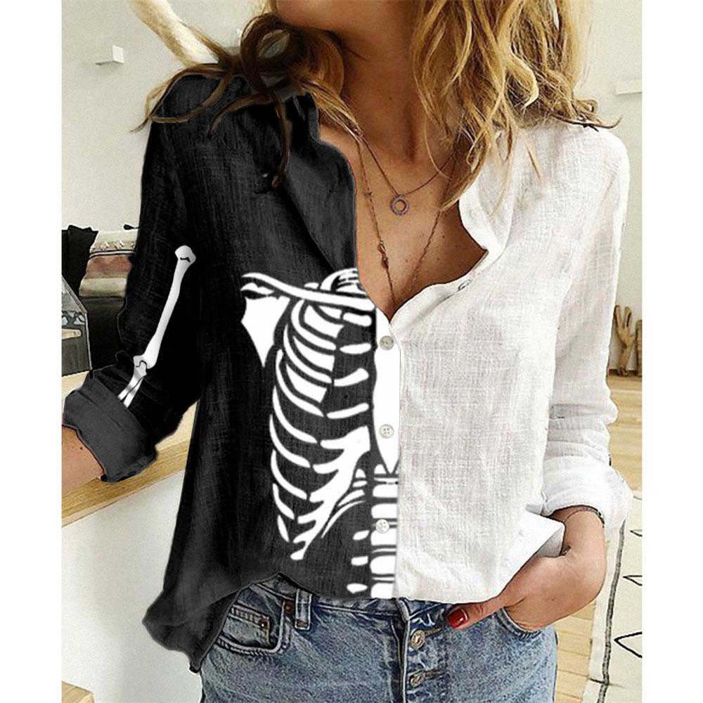 Women's Halloween Skeleton Bust Print Long Sleeve Shirt