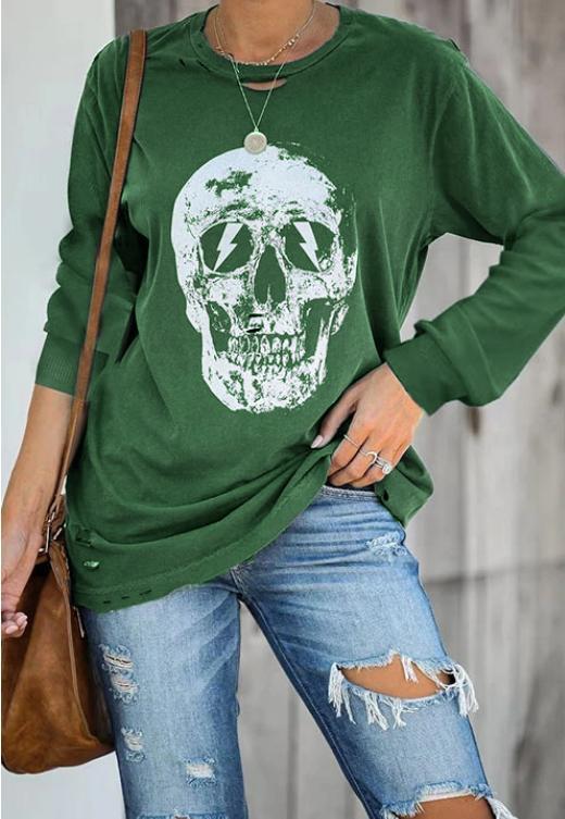 Women's skull print long sleeve loose T-shirt