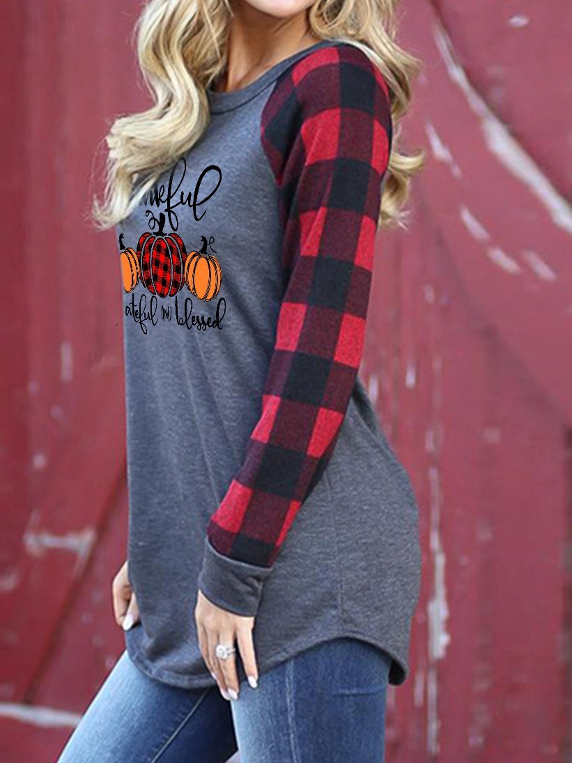 Women's Thanksgiving Thanksful Grateful And Blessed Printed Patchwork Christmas Sweatshirt