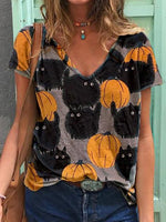 Load image into Gallery viewer, Women&#39;s Halloween Pumpkin Cat print V neck T-shirt top

